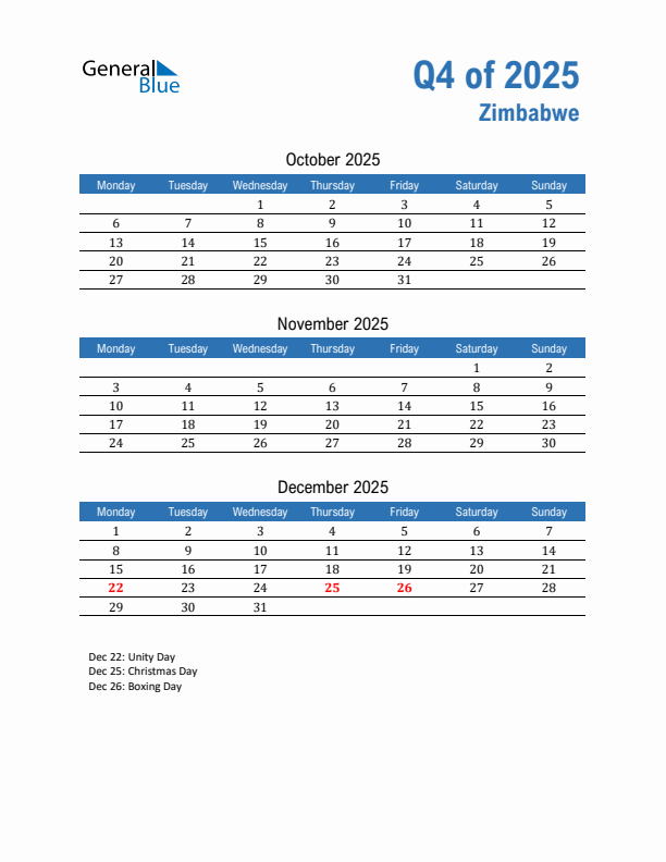 Zimbabwe 2025 Quarterly Calendar with Monday Start