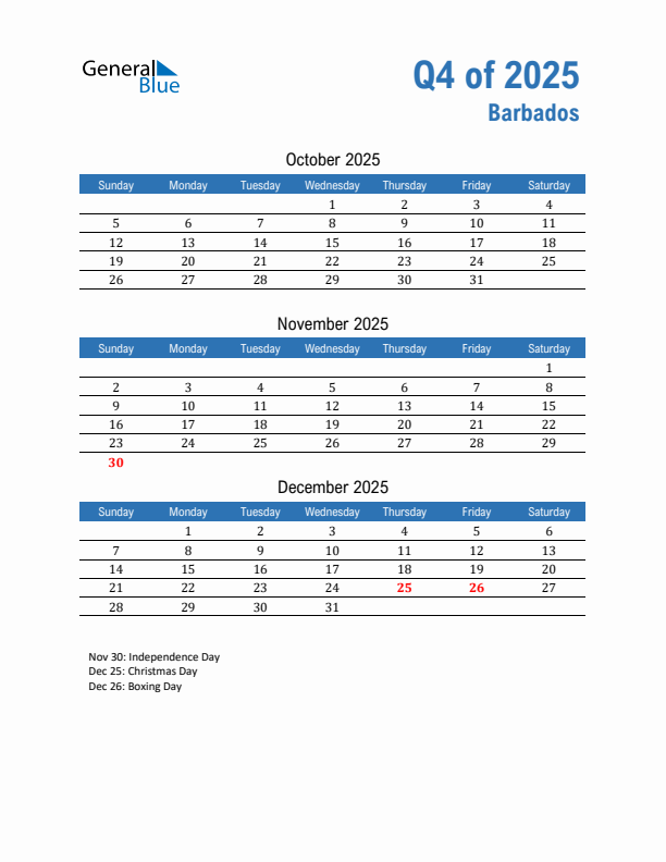 Barbados 2025 Quarterly Calendar with Sunday Start