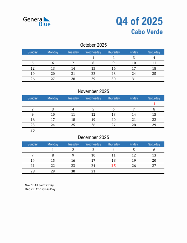Cabo Verde 2025 Quarterly Calendar with Sunday Start