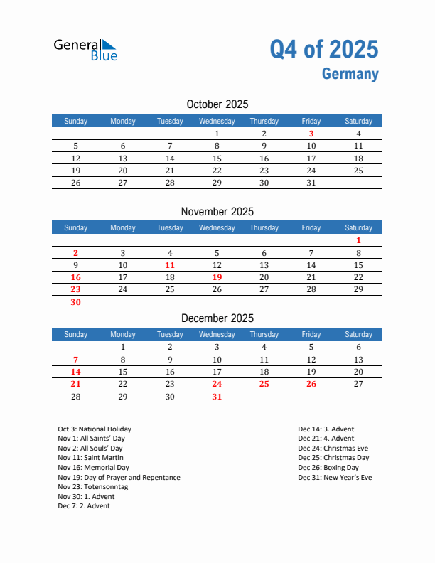Germany 2025 Quarterly Calendar with Sunday Start