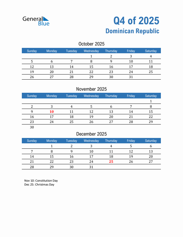 Dominican Republic 2025 Quarterly Calendar with Sunday Start