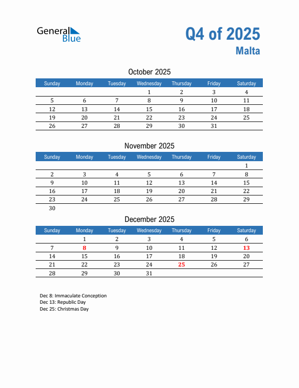 Malta 2025 Quarterly Calendar with Sunday Start