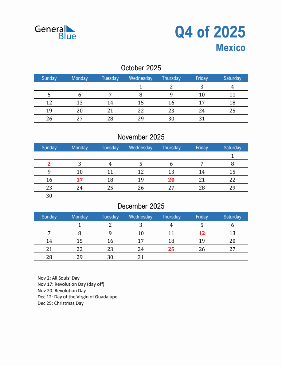 Mexico 2025 Quarterly Calendar with Sunday Start