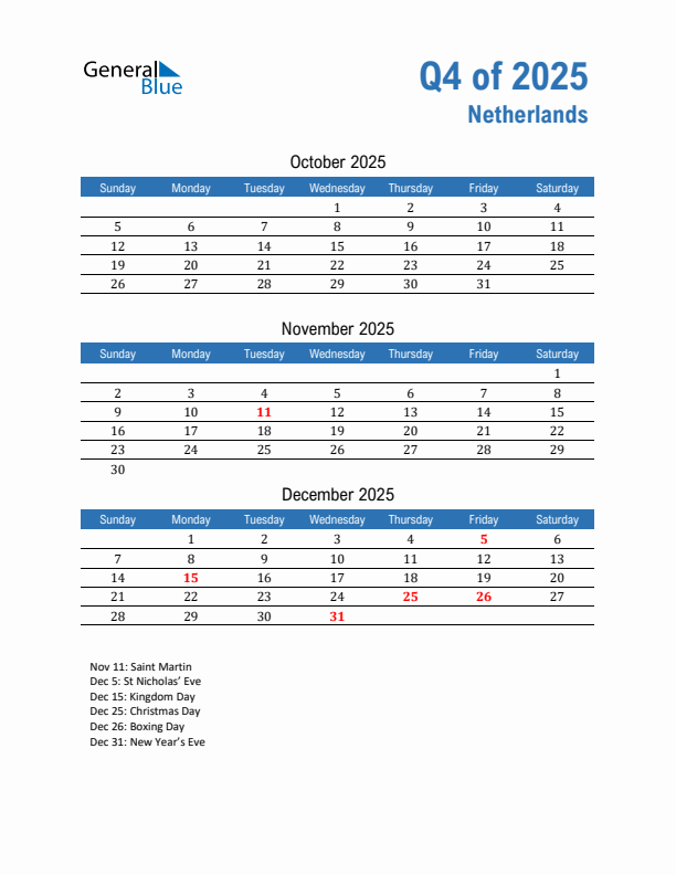The Netherlands 2025 Quarterly Calendar with Sunday Start