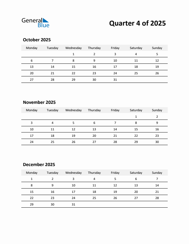 2025 Three-Month Calendar (Quarter 4)