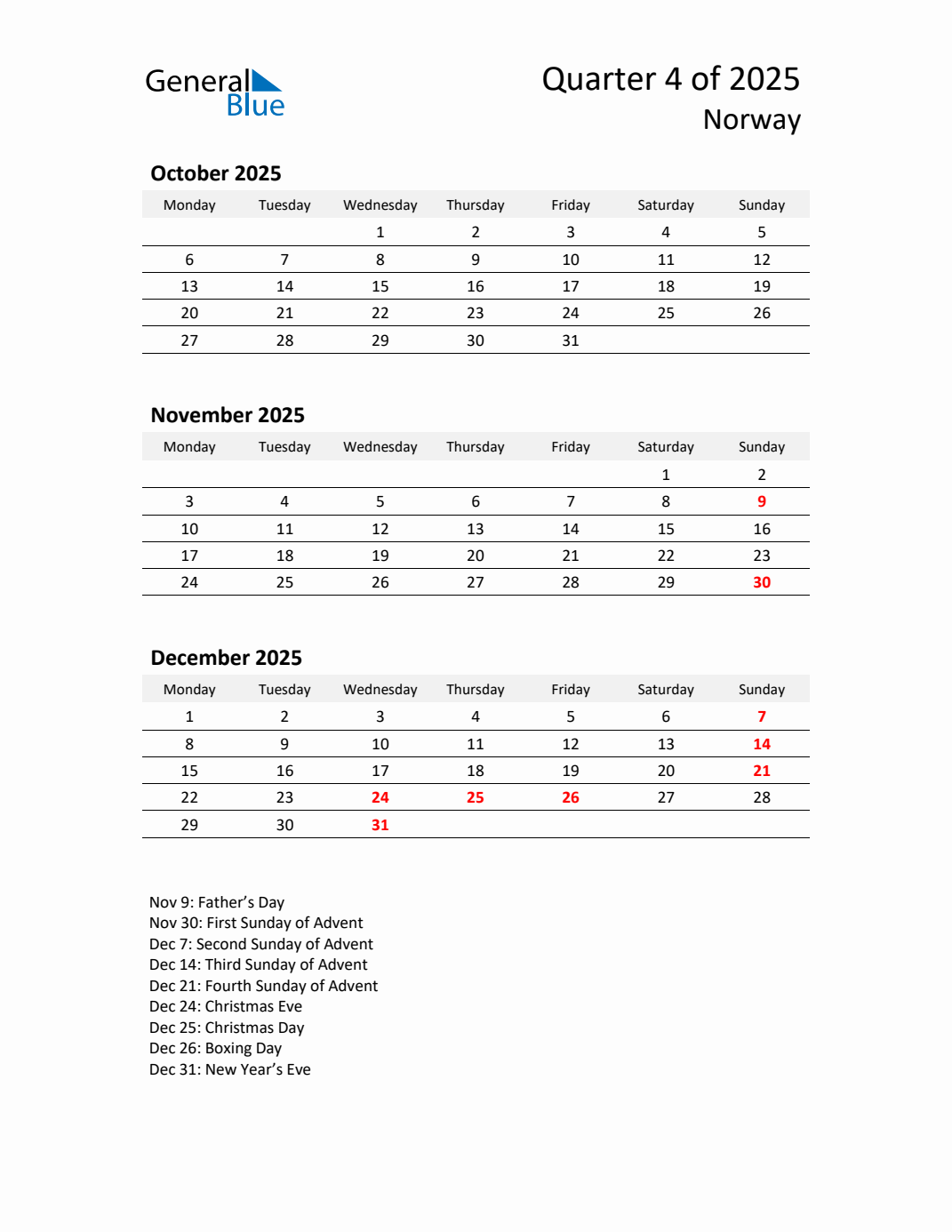 Threemonth calendar for Norway Q4 of 2025