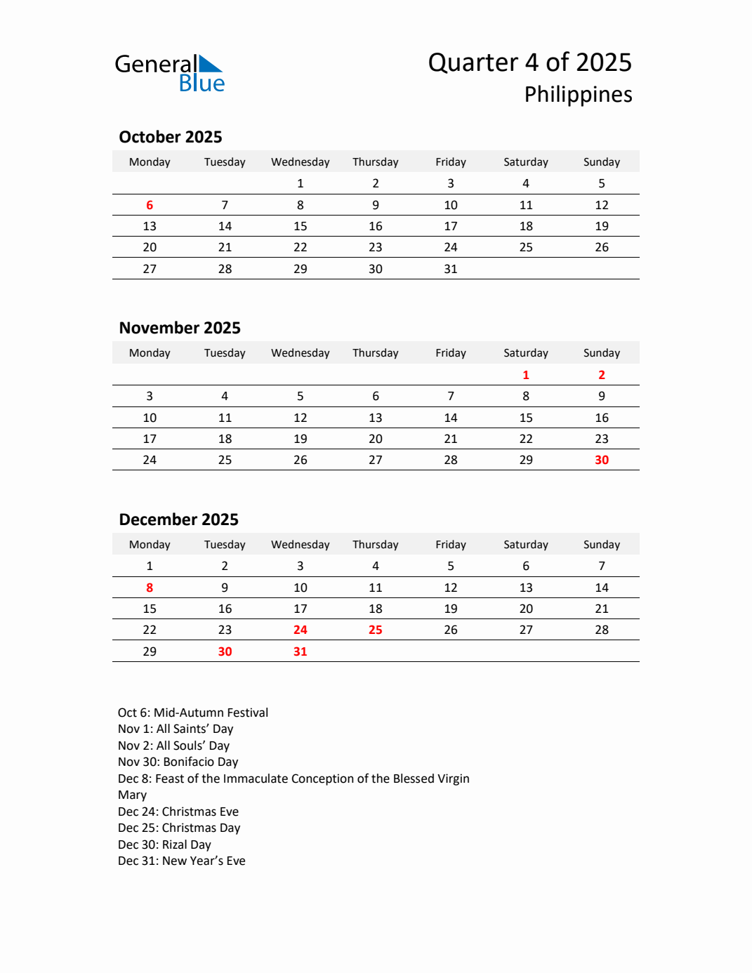 Threemonth calendar for Philippines Q4 of 2025