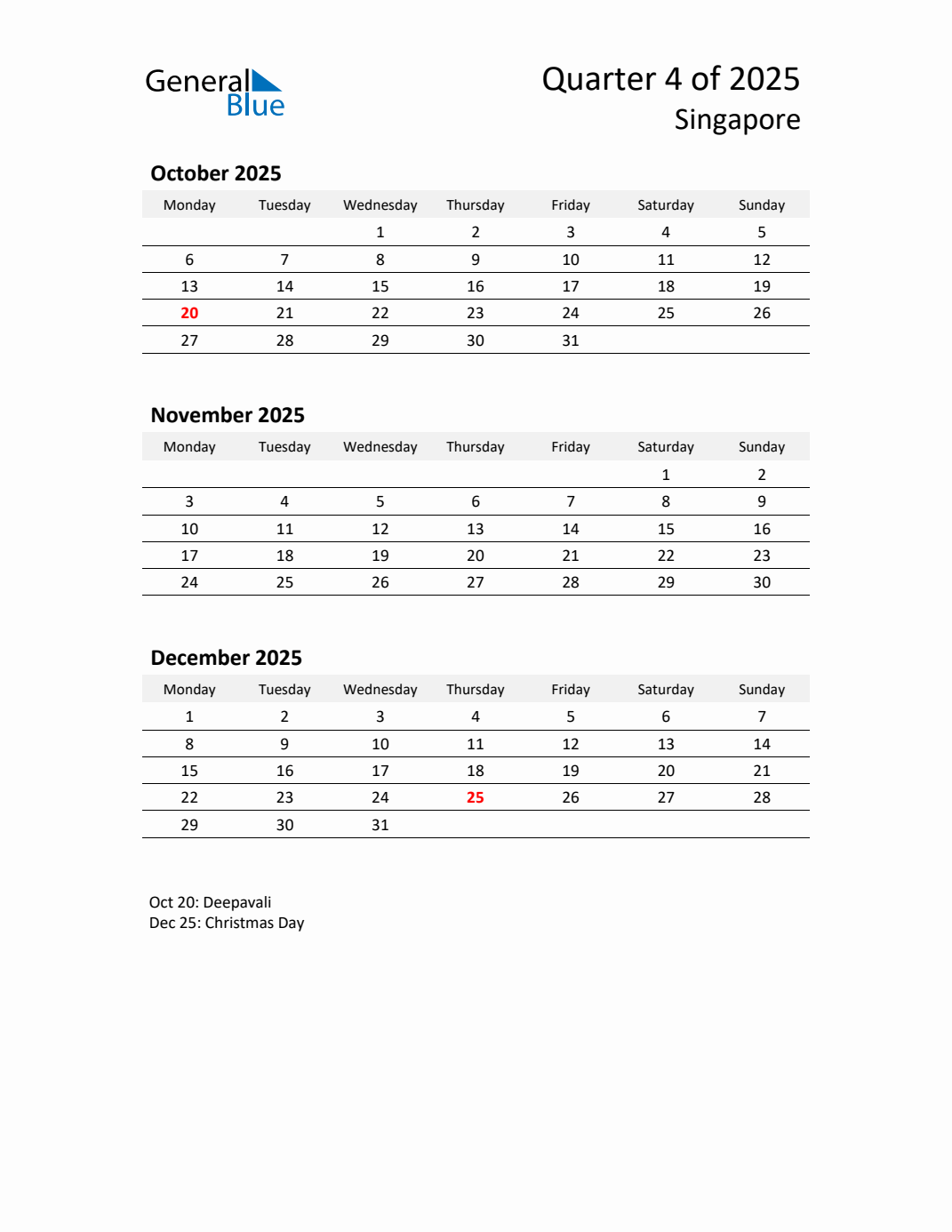 Threemonth calendar for Singapore Q4 of 2025