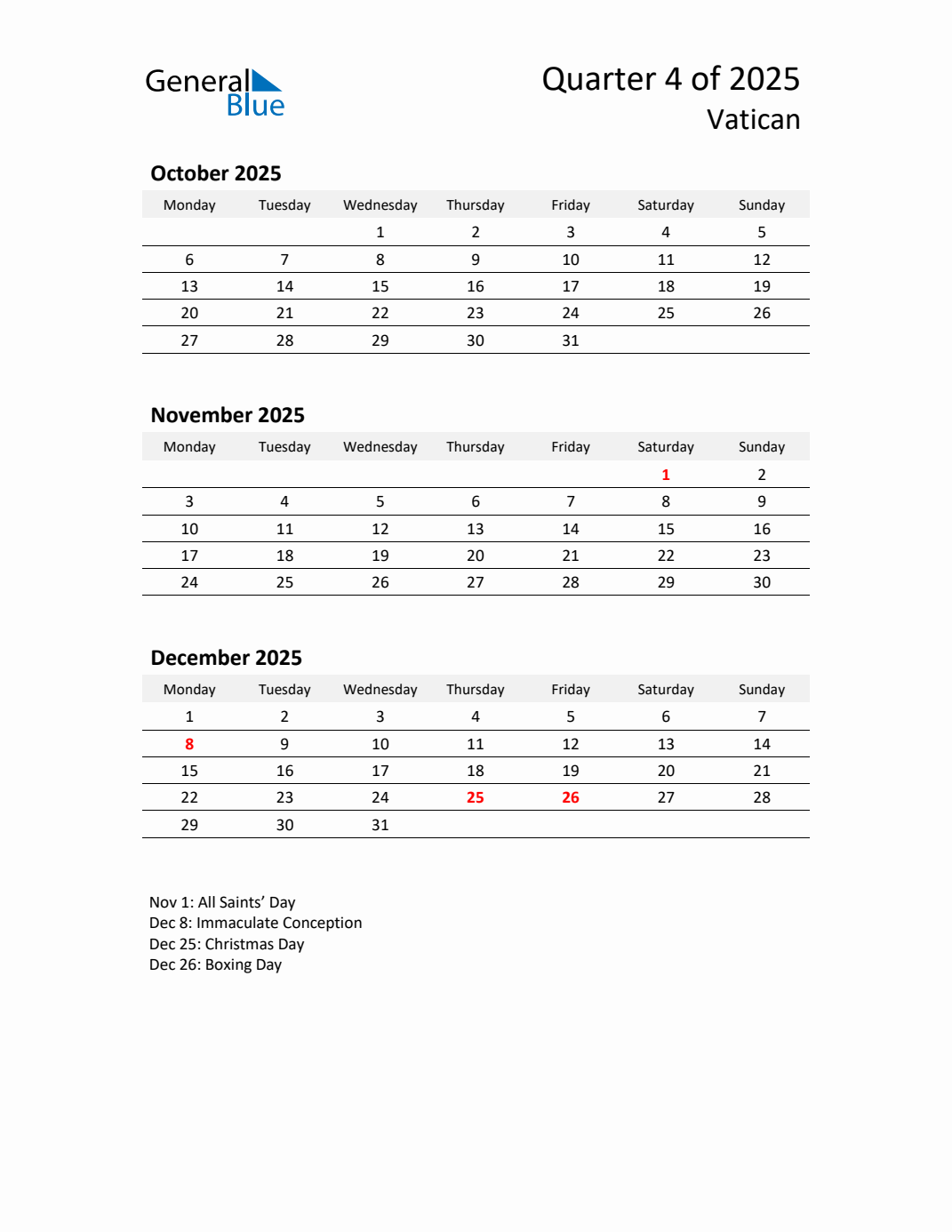 Threemonth calendar for Vatican Q4 of 2025