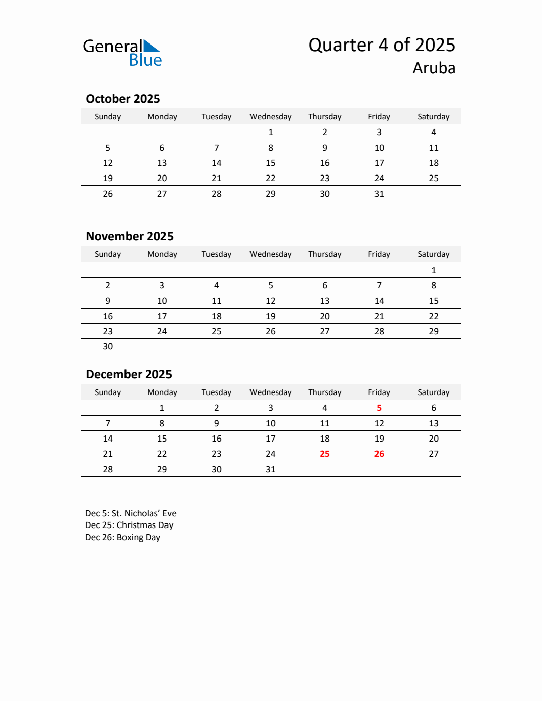 Q4 2025 Quarterly Calendar with Aruba Holidays (PDF, Excel, Word)