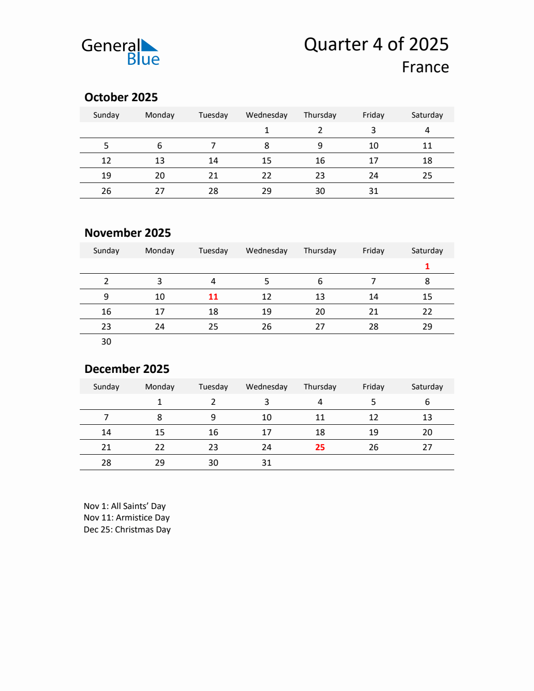 Q4 2025 Quarterly Calendar with France Holidays (PDF, Excel, Word)