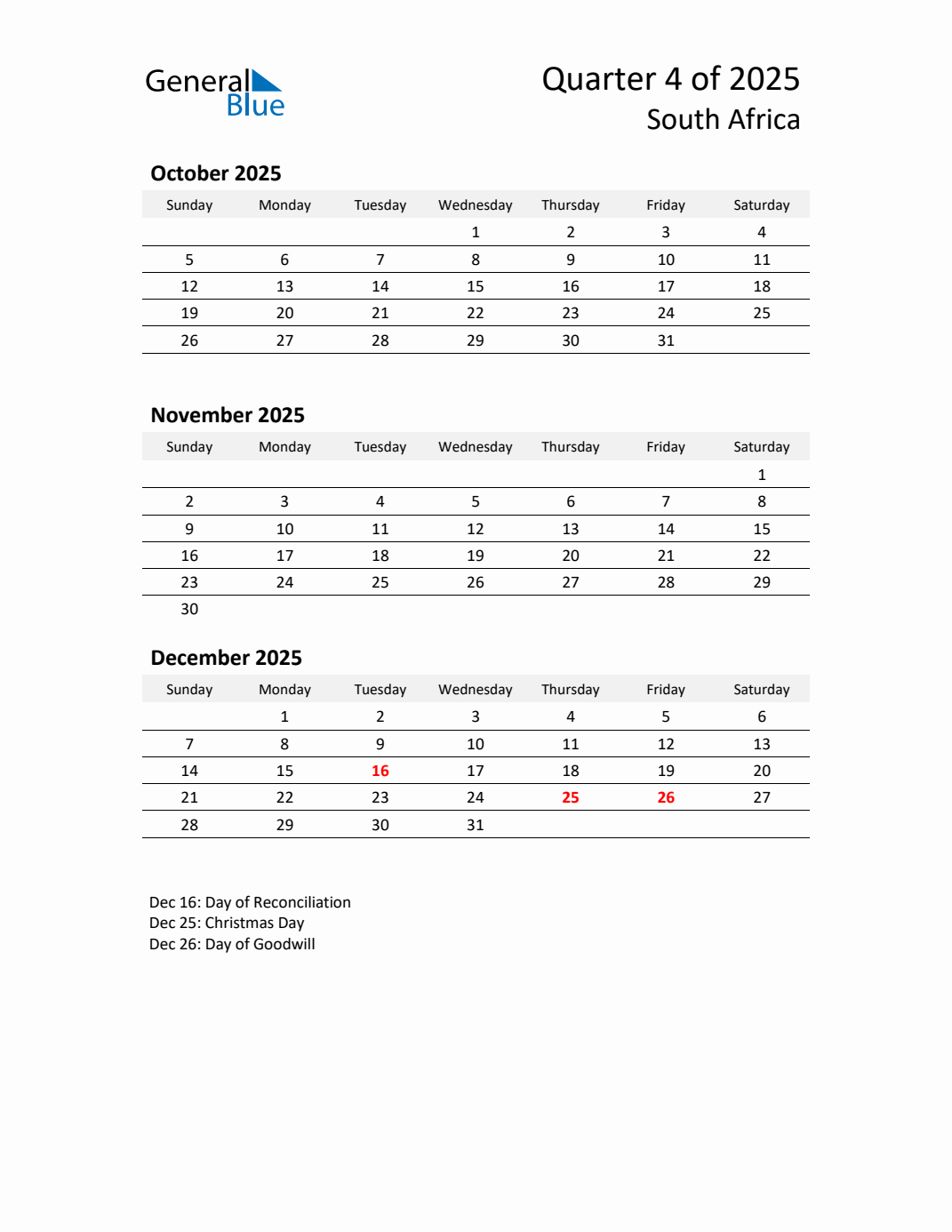 Q4 2025 Quarterly Calendar with South Africa Holidays (PDF, Excel, Word)