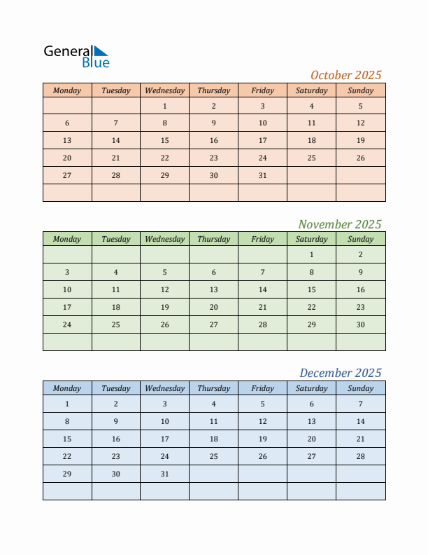 Three-Month Calendar for Year 2025 (October, November, and December)