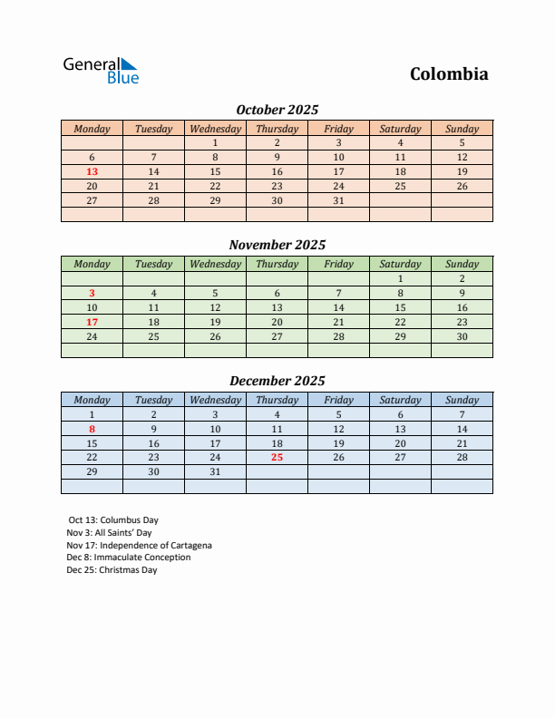 Q4 2025 Holiday Calendar - Colombia