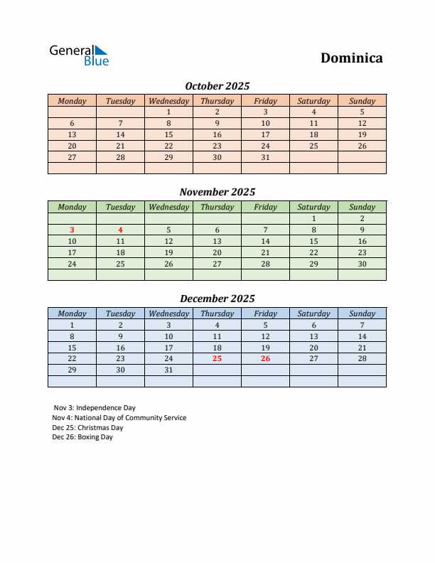 Q4 2025 Holiday Calendar - Dominica