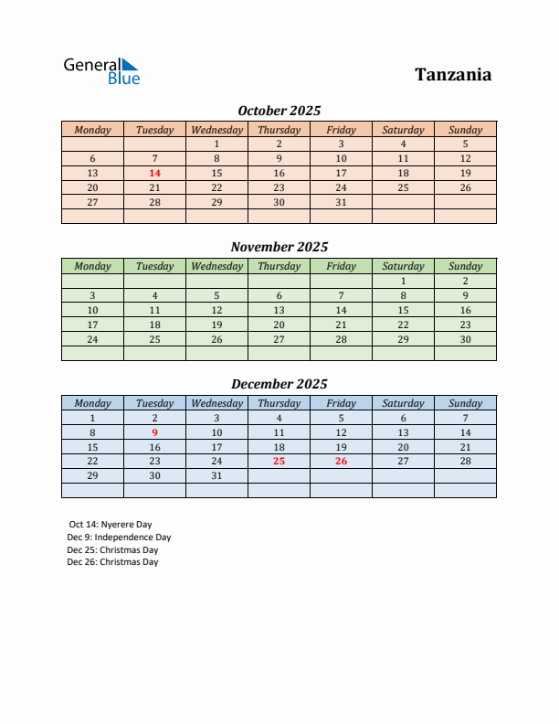 Q4 2025 Holiday Calendar - Tanzania