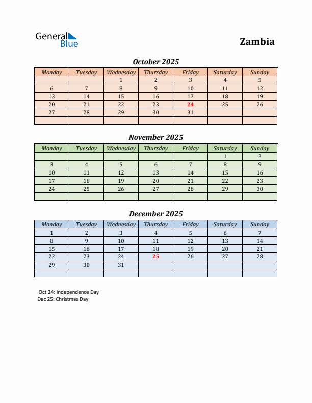 Q4 2025 Holiday Calendar - Zambia