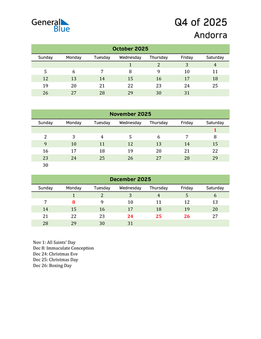  Quarterly Calendar 2025 with Andorra Holidays 