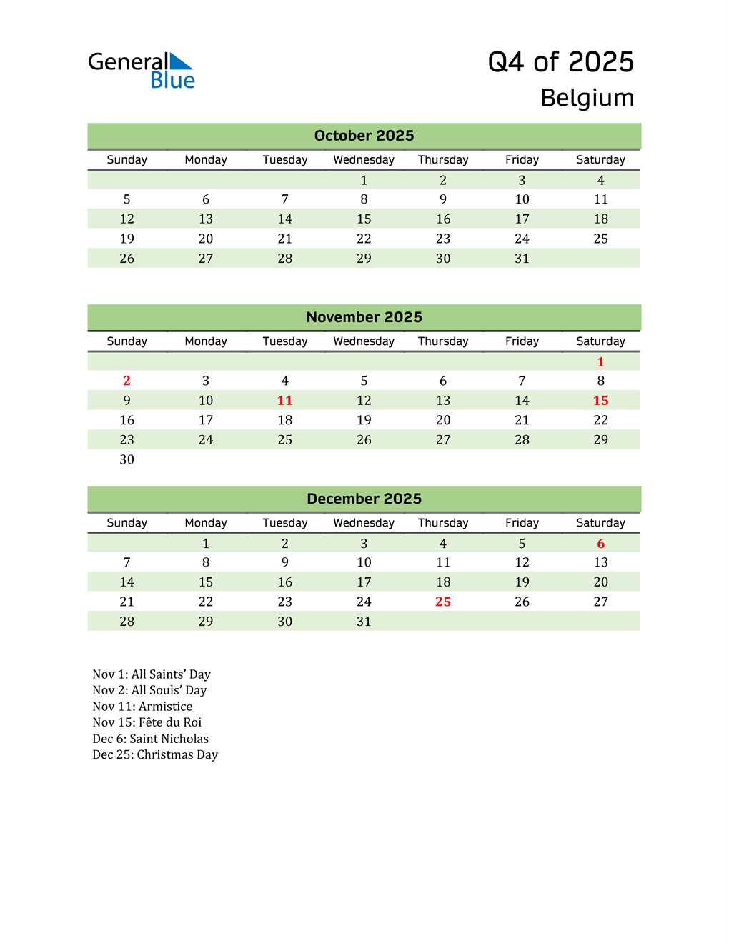  Quarterly Calendar 2025 with Belgium Holidays 