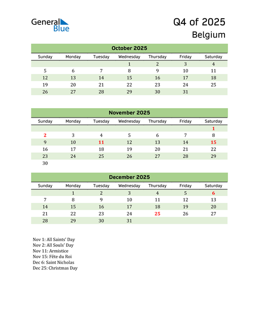  Quarterly Calendar 2025 with Belgium Holidays 