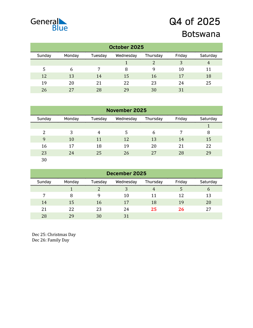  Quarterly Calendar 2025 with Botswana Holidays 