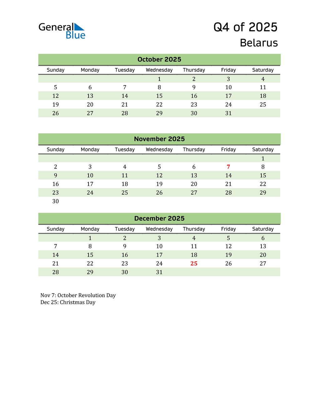 Quarterly Calendar 2025 with Belarus Holidays 