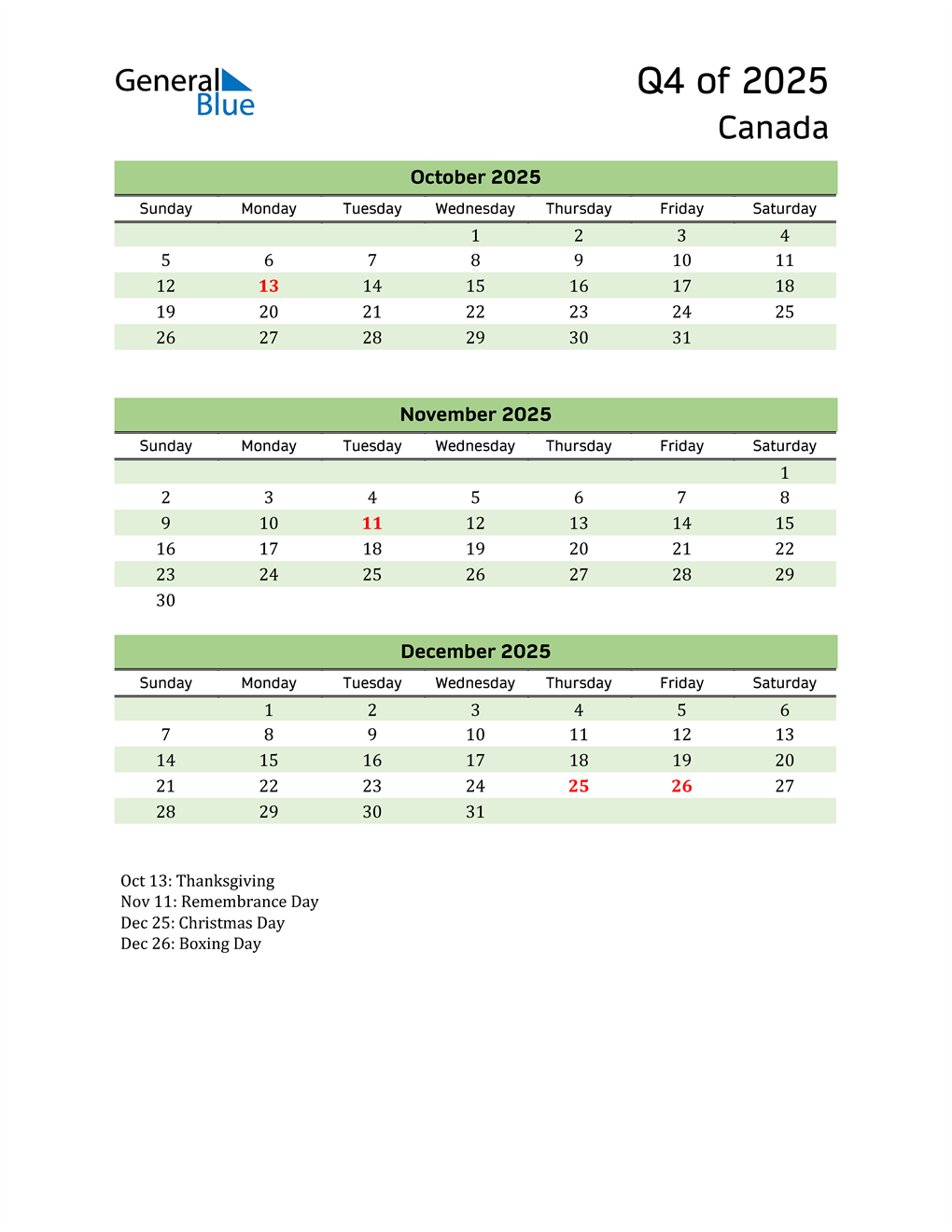 Q4 2025 Quarterly Calendar with Canada Holidays