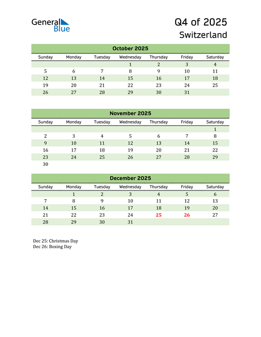  Quarterly Calendar 2025 with Switzerland Holidays 