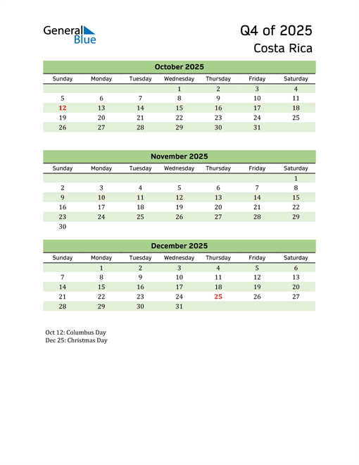  Quarterly Calendar 2025 with Costa Rica Holidays 