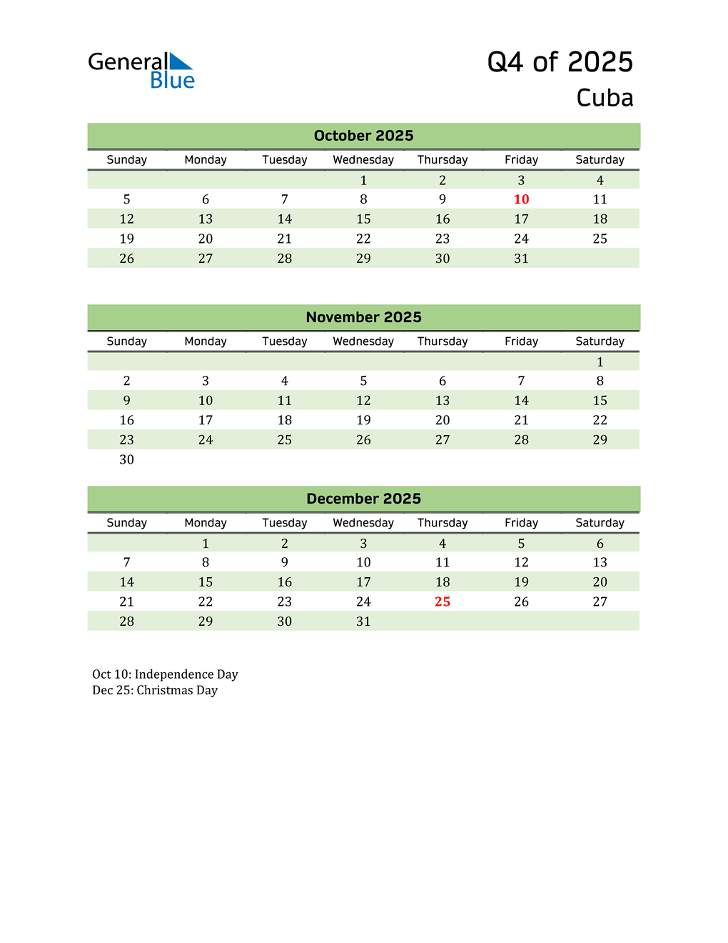  Quarterly Calendar 2025 with Cuba Holidays 