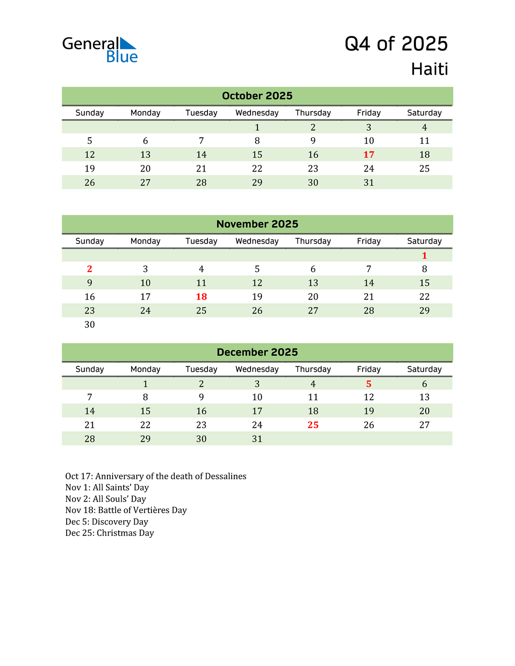  Quarterly Calendar 2025 with Haiti Holidays 