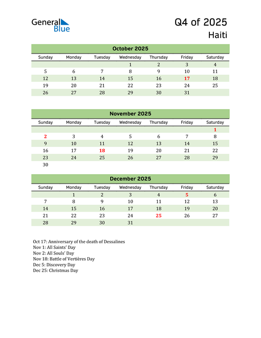  Quarterly Calendar 2025 with Haiti Holidays 