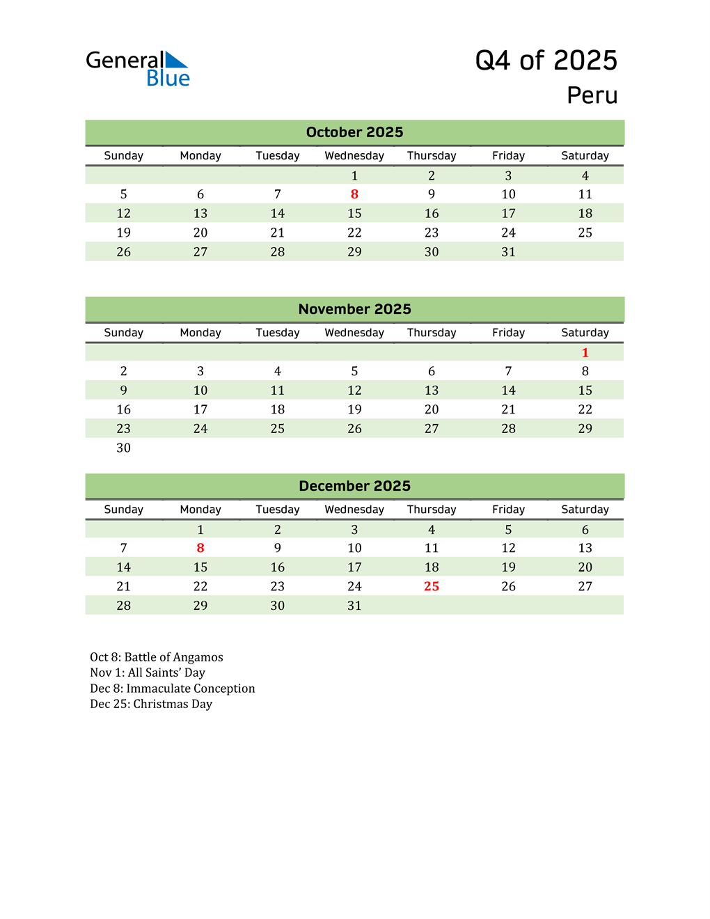  Quarterly Calendar 2025 with Peru Holidays 