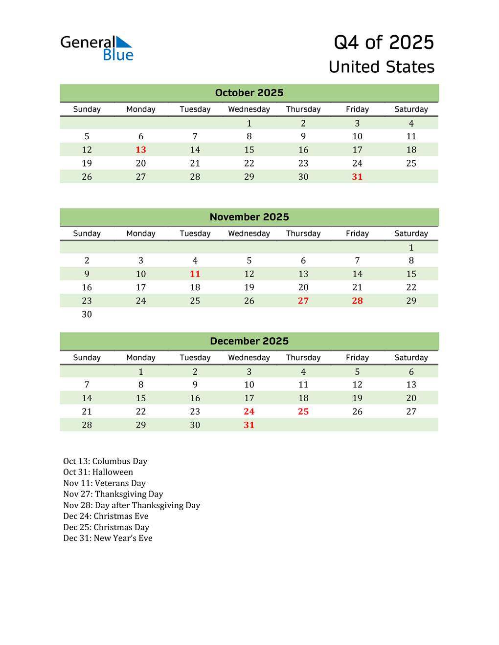  Quarterly Calendar 2025 with United States Holidays 