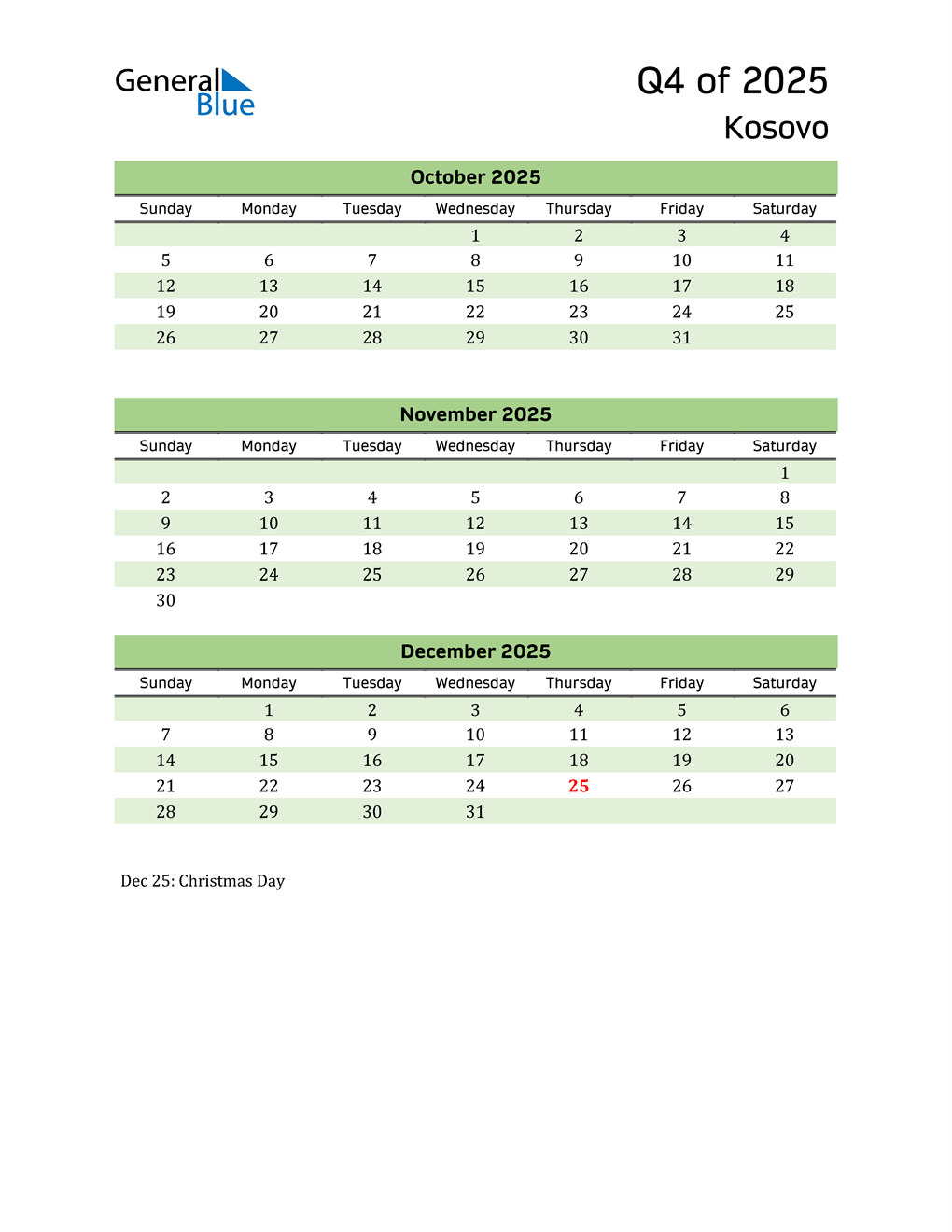  Quarterly Calendar 2025 with Kosovo Holidays 
