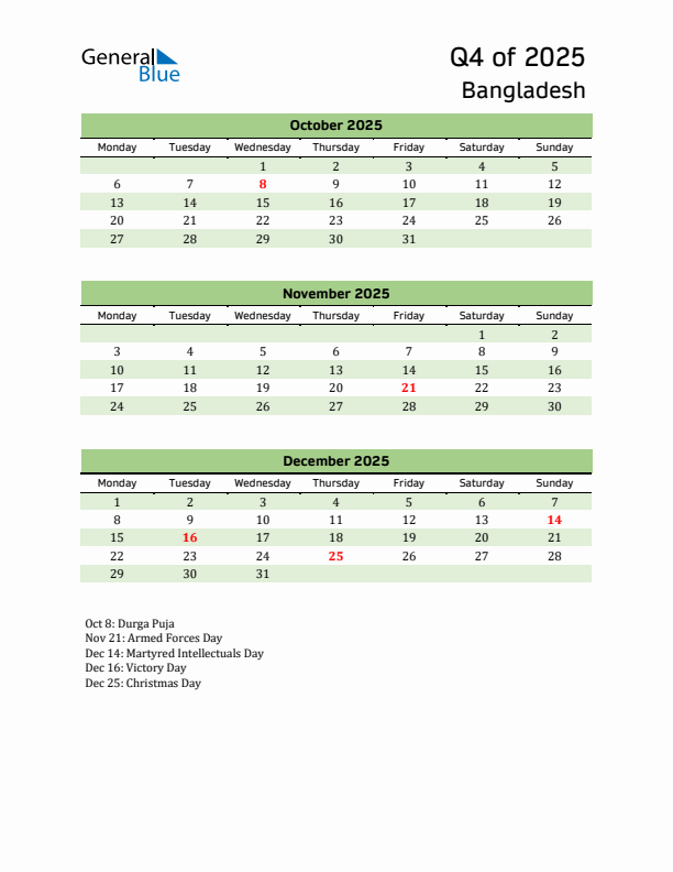 Quarterly Calendar 2025 with Bangladesh Holidays