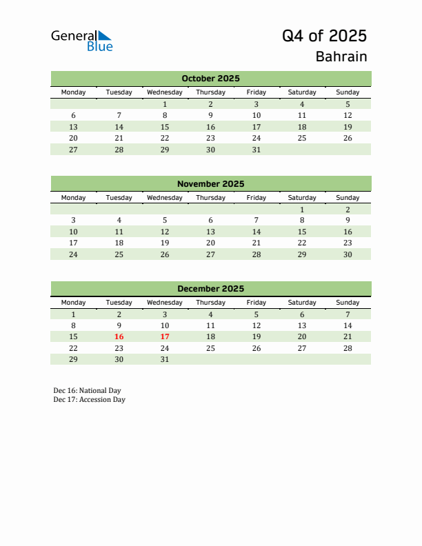 Quarterly Calendar 2025 with Bahrain Holidays