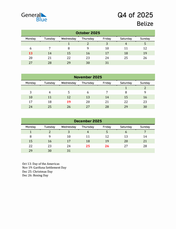 Quarterly Calendar 2025 with Belize Holidays