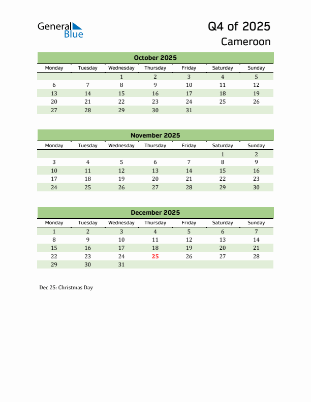 Quarterly Calendar 2025 with Cameroon Holidays