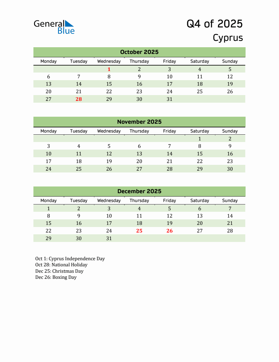 Quarterly Calendar 2025 with Cyprus Holidays