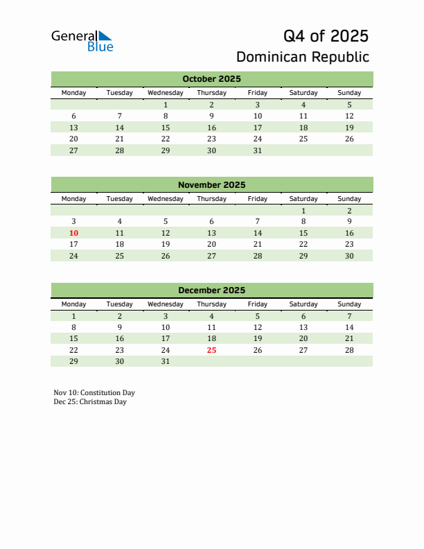 Quarterly Calendar 2025 with Dominican Republic Holidays