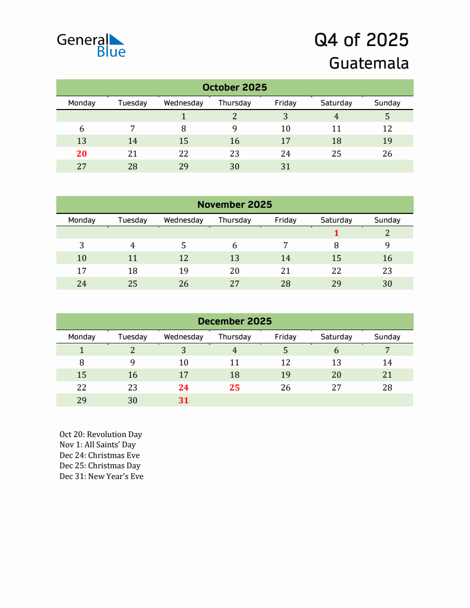 Quarterly Calendar 2025 with Guatemala Holidays