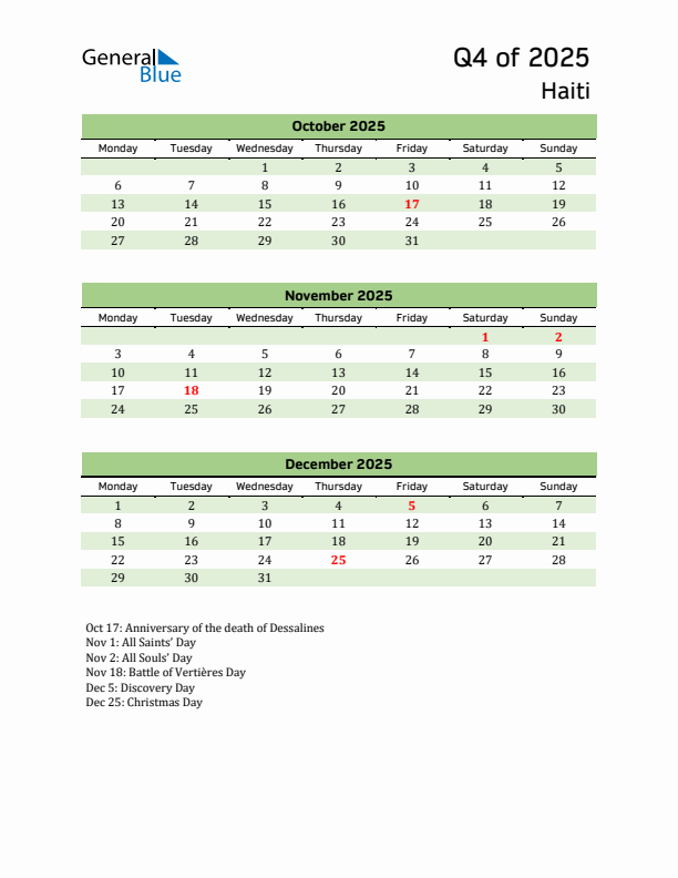 Quarterly Calendar 2025 with Haiti Holidays