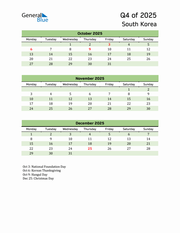 Quarterly Calendar 2025 with South Korea Holidays