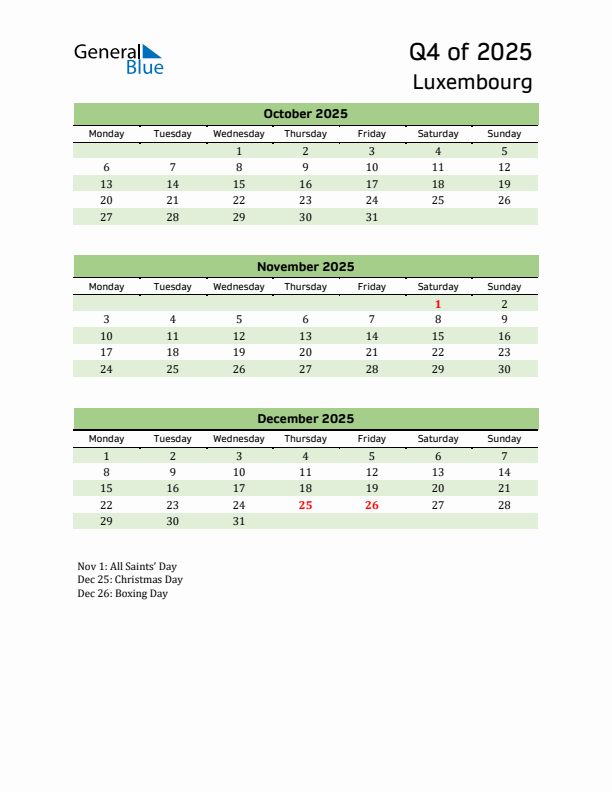 Quarterly Calendar 2025 with Luxembourg Holidays