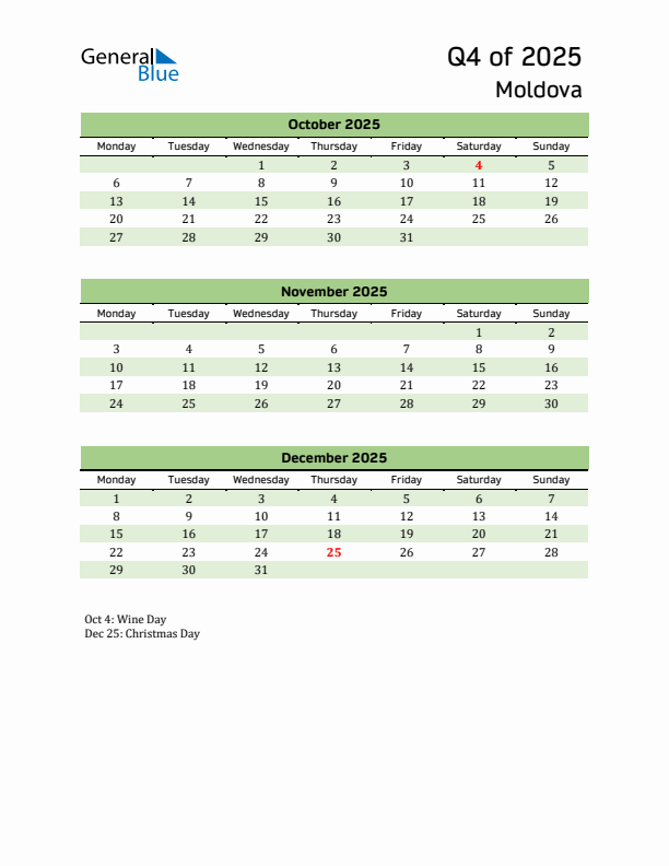 Quarterly Calendar 2025 with Moldova Holidays