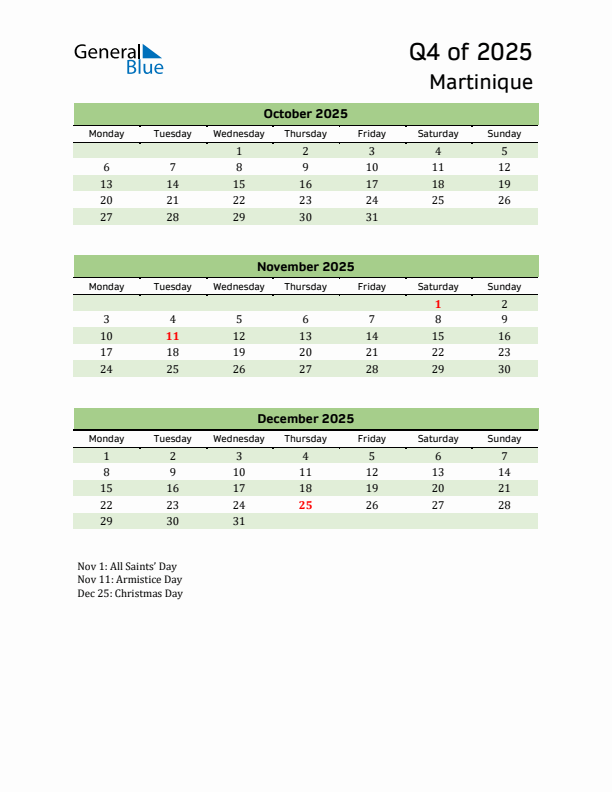 Quarterly Calendar 2025 with Martinique Holidays