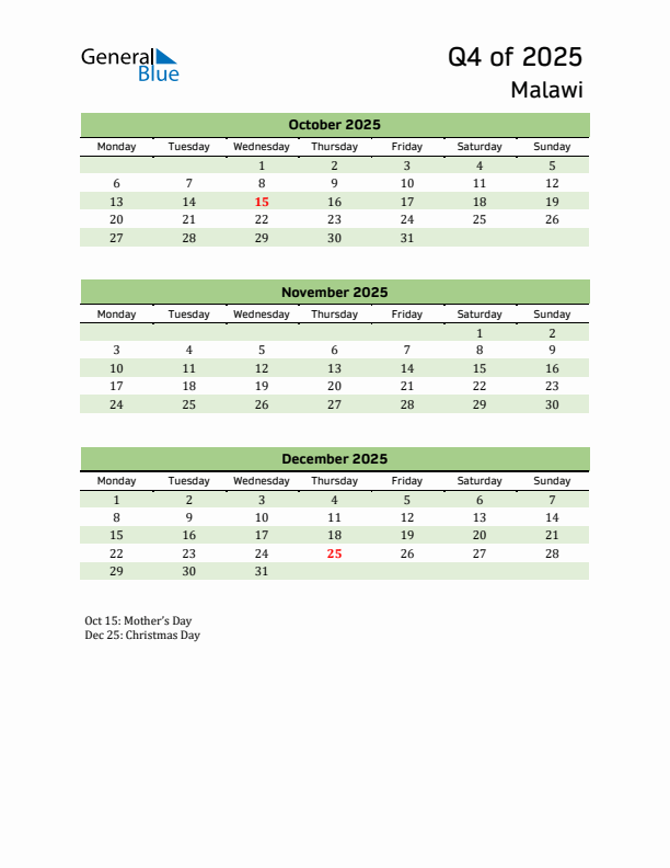 Quarterly Calendar 2025 with Malawi Holidays