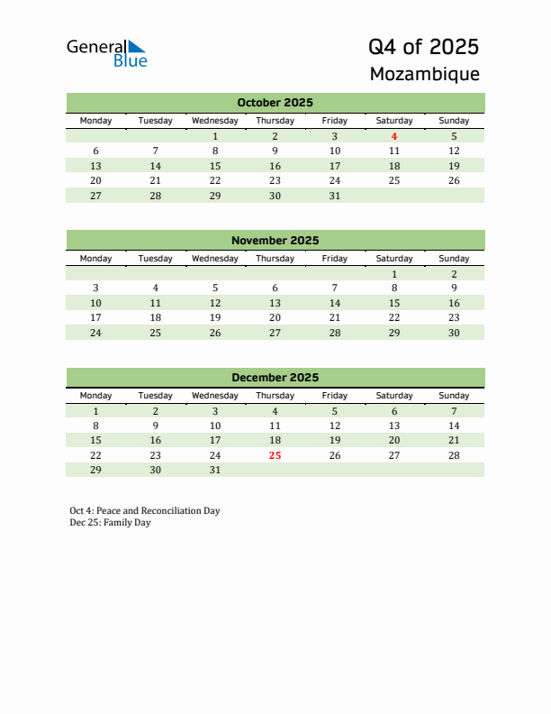 Quarterly Calendar 2025 with Mozambique Holidays