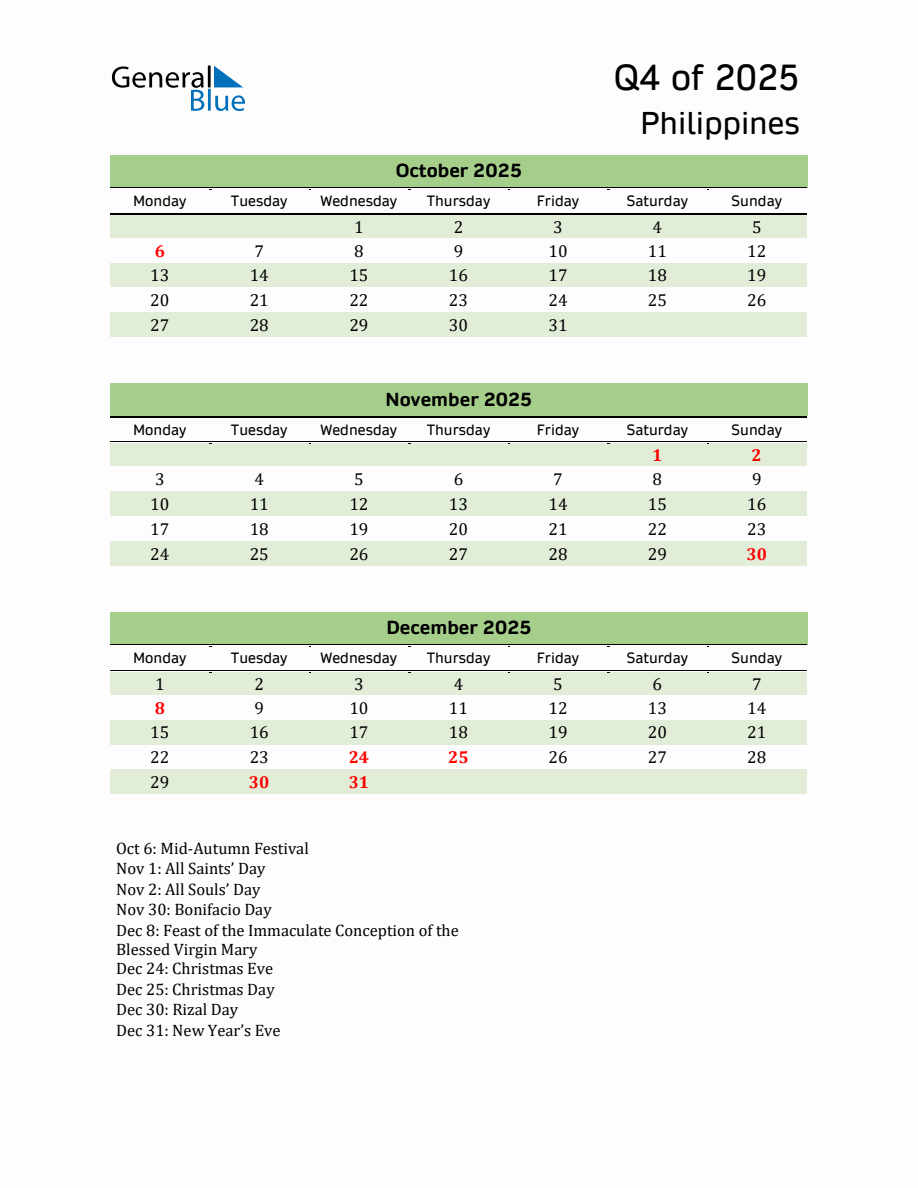 Quarterly Calendar 2025 with Philippines Holidays